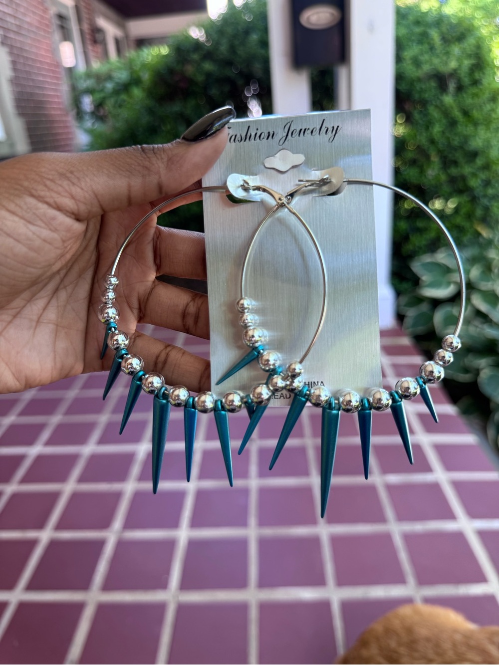 Fashion Jewelry Teal Spike Hoop Earrings with Silver Beads